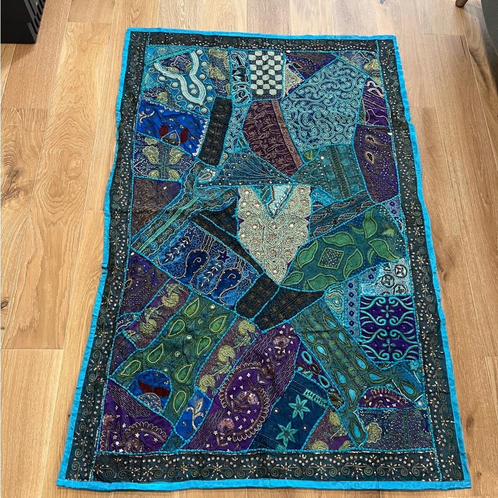 Handcrafted Blue & Teal Patchwork Tapestry Wall Hanging